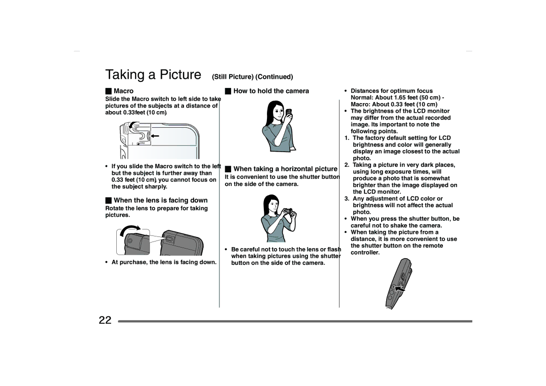 Panasonic SV-AS10 Taking a Picture Still Picture Macro How to hold the camera, When the lens is facing down 