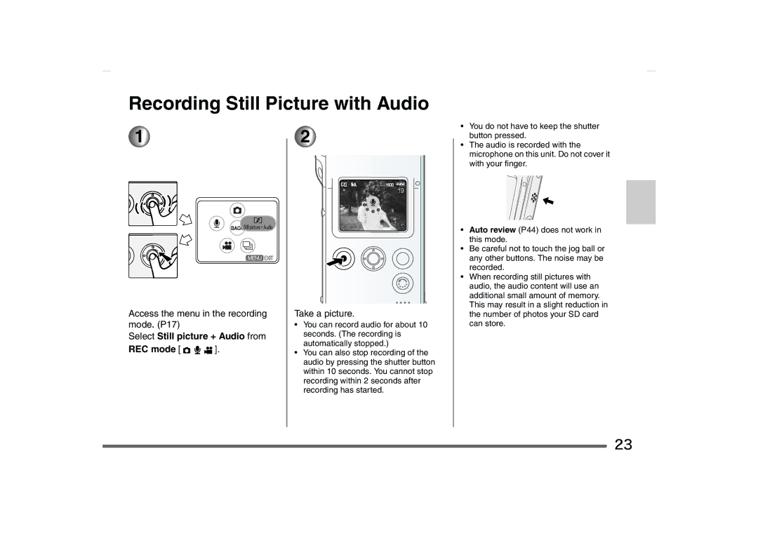 Panasonic SV-AS10 operating instructions Recording Still Picture with Audio, Access the menu in the recording mode. P17 