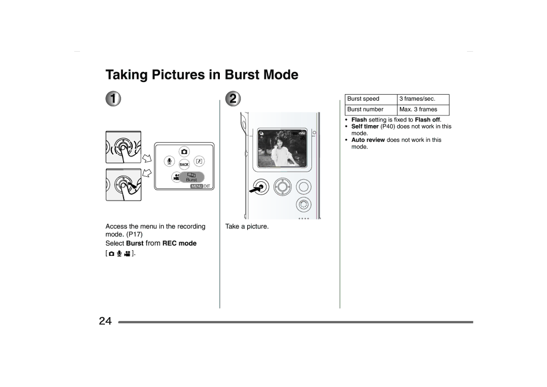 Panasonic SV-AS10 operating instructions Taking Pictures in Burst Mode, Select Burst from REC mode 