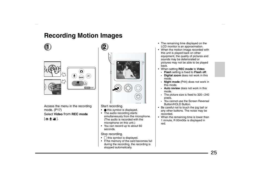 Panasonic SV-AS10 Recording Motion Images, Select Video from REC mode, Start recording, Stop recording 