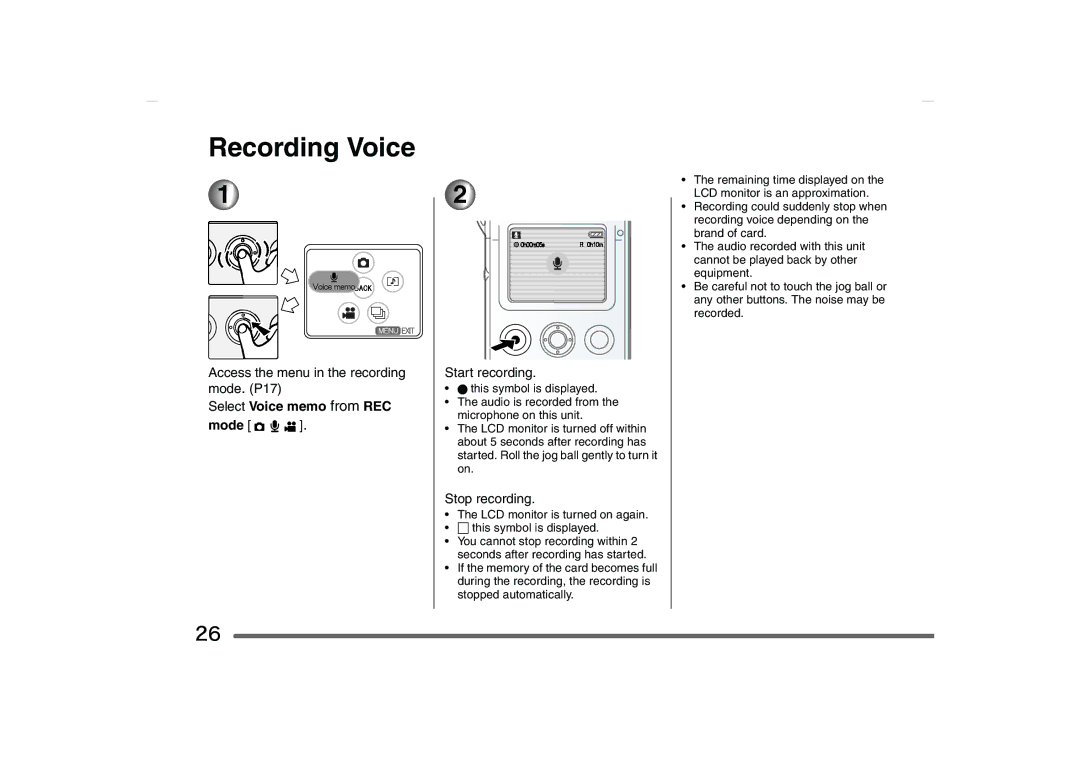 Panasonic SV-AS10 operating instructions Recording Voice, Select Voice memo from REC Mode 