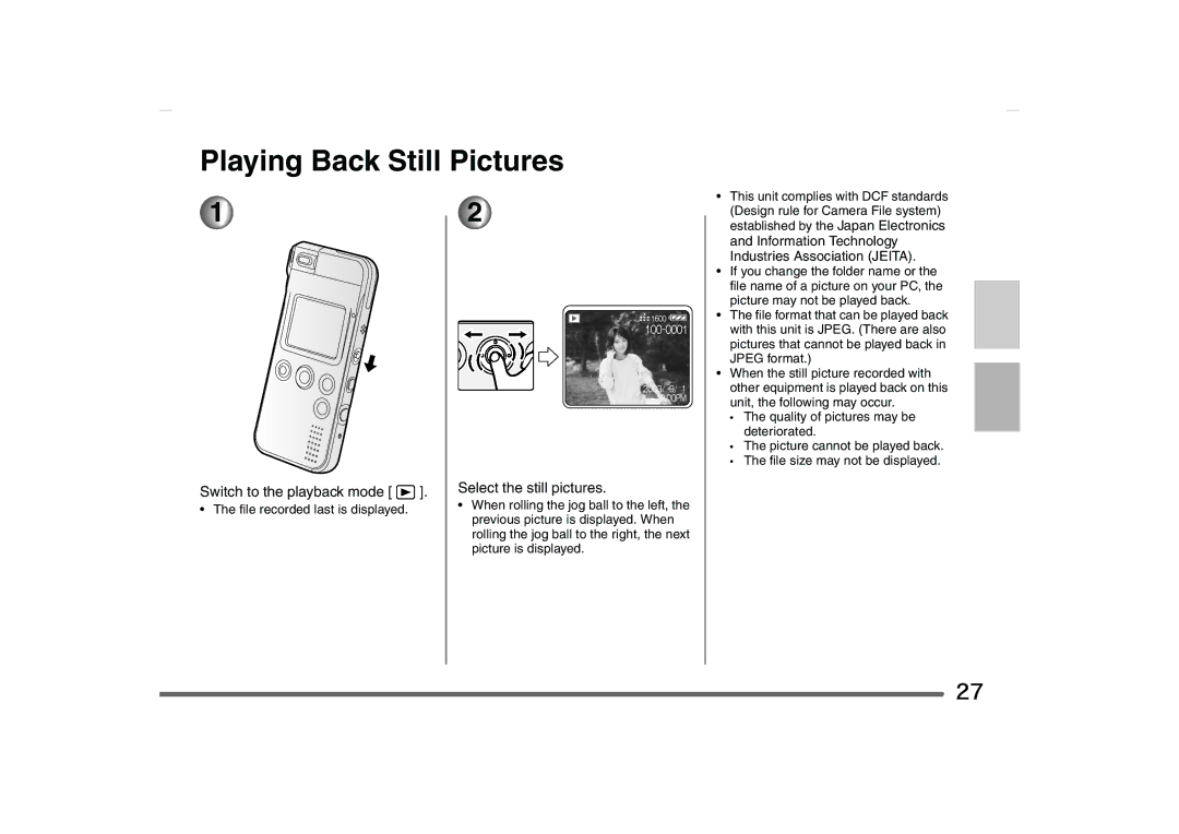 Panasonic SV-AS10 Playing Back Still Pictures, Switch to the playback mode, Select the still pictures 