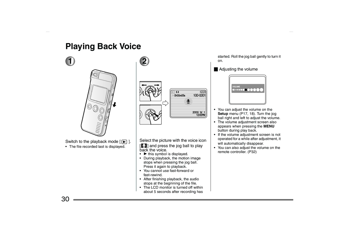 Panasonic SV-AS10 operating instructions Playing Back Voice, Adjusting the volume 