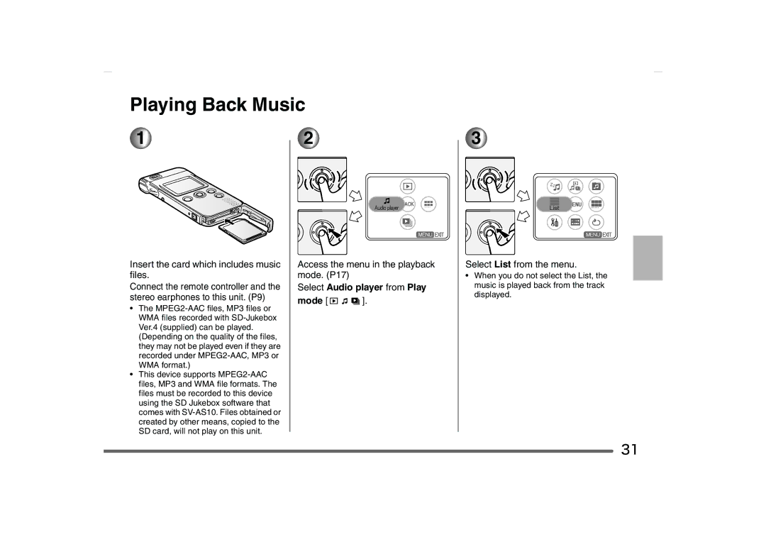 Panasonic SV-AS10 Playing Back Music, Insert the card which includes music files, Select Audio player from Play Mode 