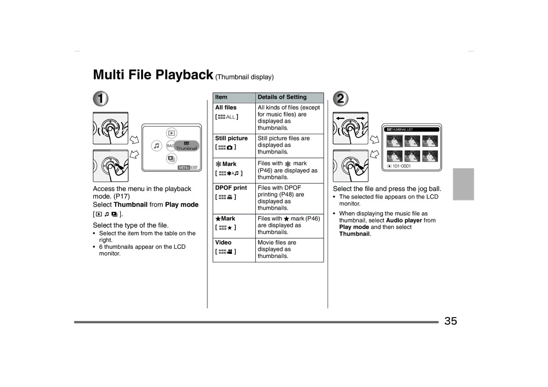 Panasonic SV-AS10 Multi File Playback Thumbnail display, Select Thumbnail from Play mode, Select the type of the file 