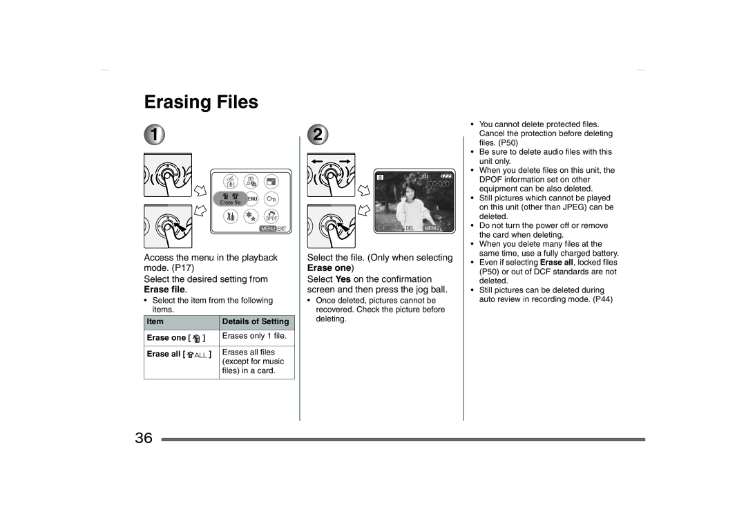 Panasonic SV-AS10 operating instructions Erasing Files, Erase file, Select the file. Only when selecting Erase one 