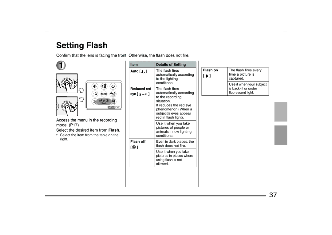 Panasonic SV-AS10 operating instructions Setting Flash, Auto, Flash on 