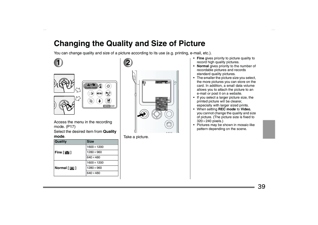 Panasonic SV-AS10 operating instructions Changing the Quality and Size of Picture, Quality Size 