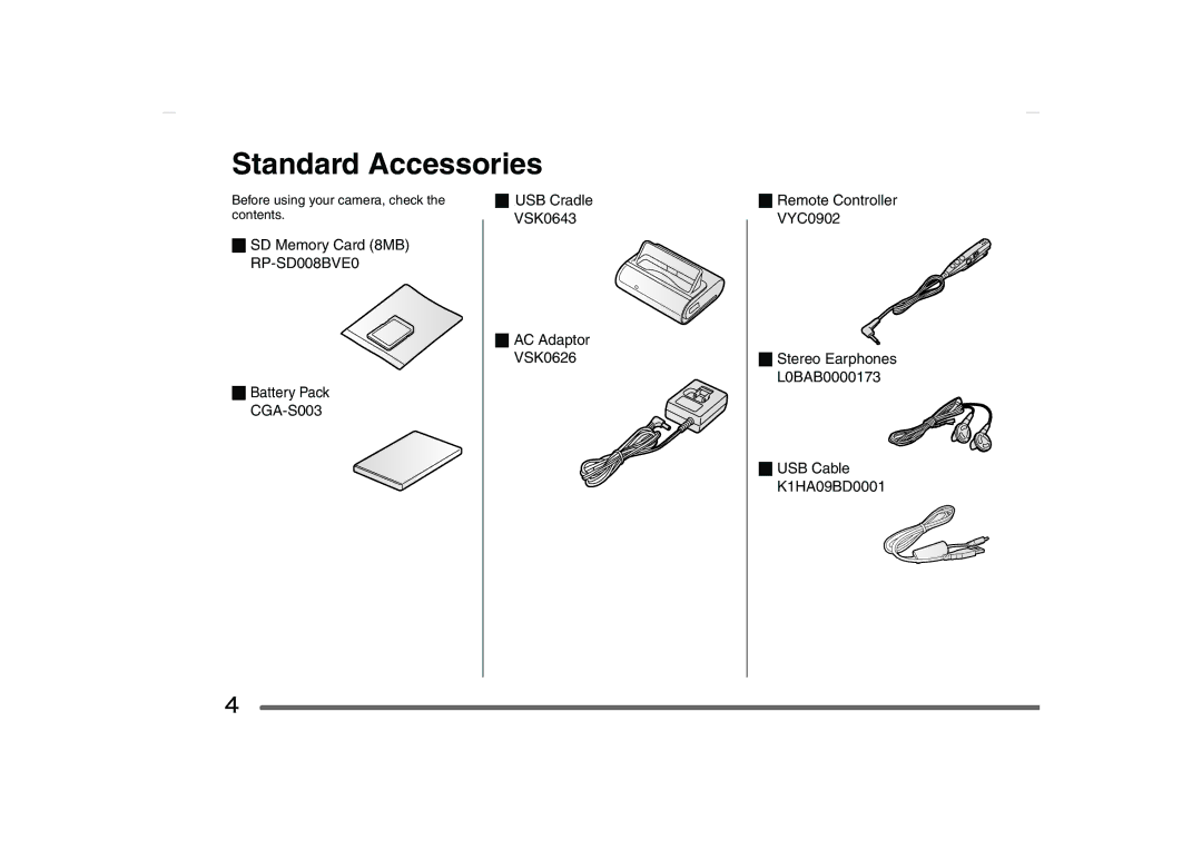 Panasonic SV-AS10 operating instructions Standard Accessories, SD Memory Card 8MB RP-SD008BVE0 