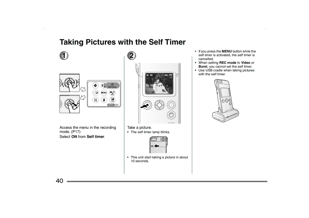 Panasonic SV-AS10 Taking Pictures with the Self Timer, Access the menu in the recording Take a picture Mode. P17 