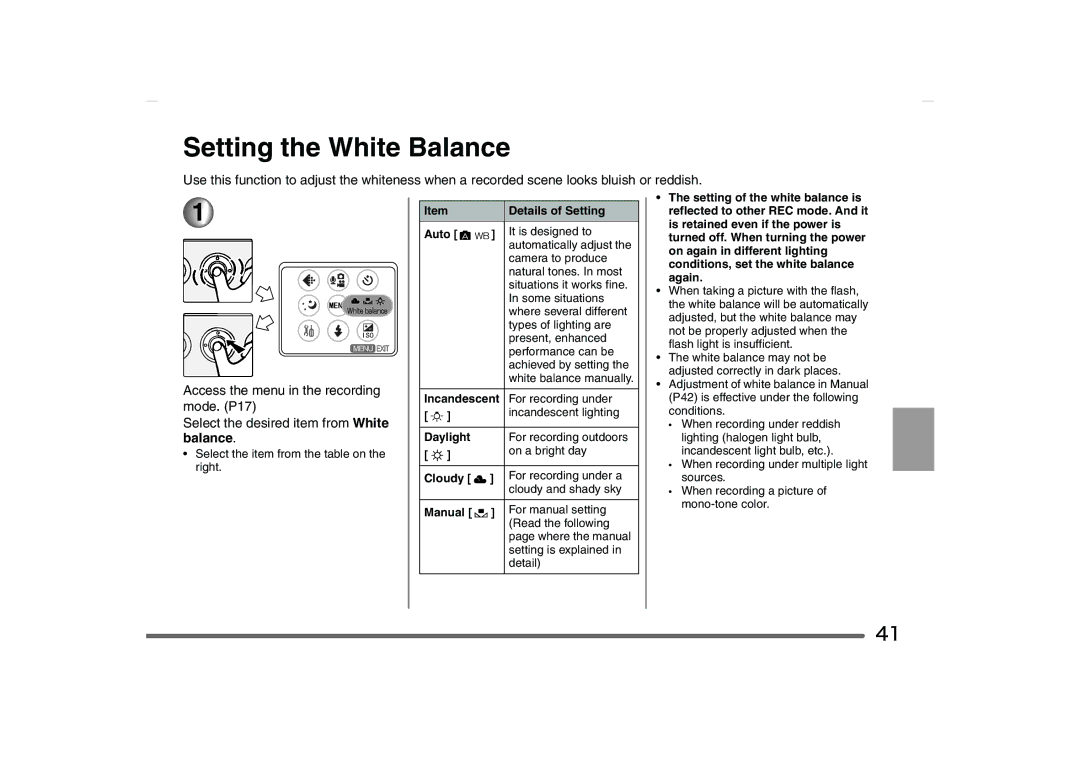 Panasonic SV-AS10 operating instructions Setting the White Balance, Daylight, Cloudy, Manual 