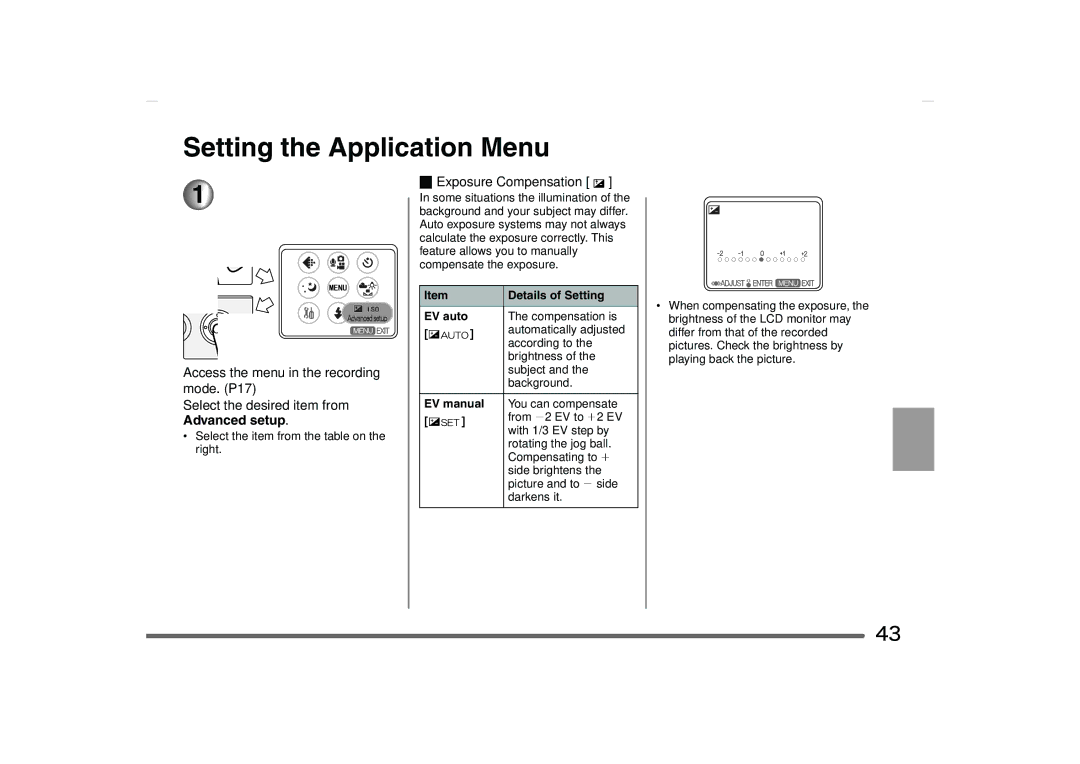 Panasonic SV-AS10 Setting the Application Menu, Advanced setup, Exposure Compensation +, EV auto, EV manual 