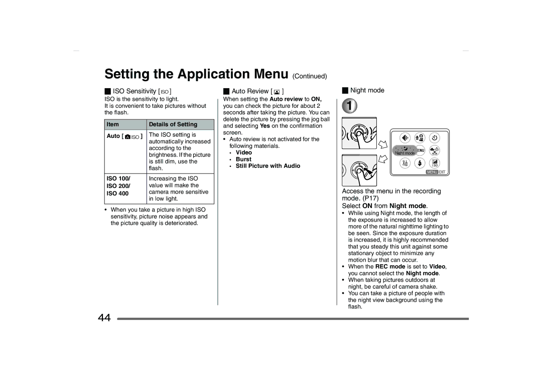 Panasonic SV-AS10 operating instructions ISO Sensitivity, Auto Review, Iso, Video Burst Still Picture with Audio 