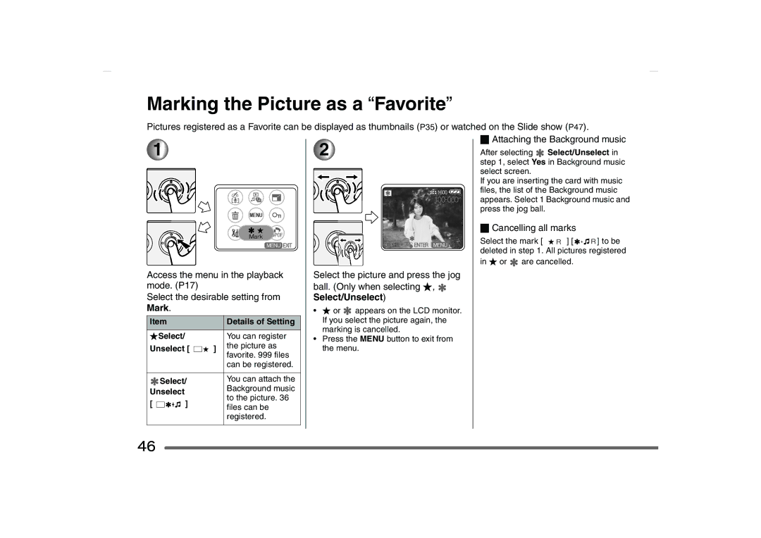 Panasonic SV-AS10 Marking the Picture as a Favorite, Attaching the Background music, Cancelling all marks 