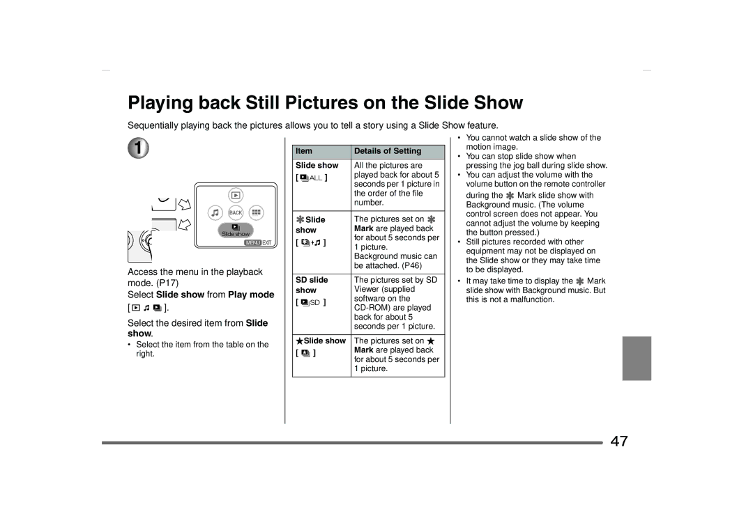 Panasonic SV-AS10 operating instructions Playing back Still Pictures on the Slide Show, Select Slide show from Play mode 