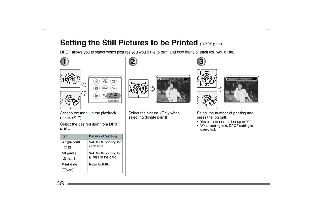 Panasonic SV-AS10 operating instructions Setting the Still Pictures to be Printed Dpof print 