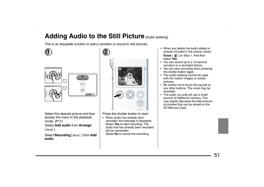 Panasonic SV-AS10 operating instructions Adding Audio to the Still Picture Audio dubbing, Select Add audio from Arrange 