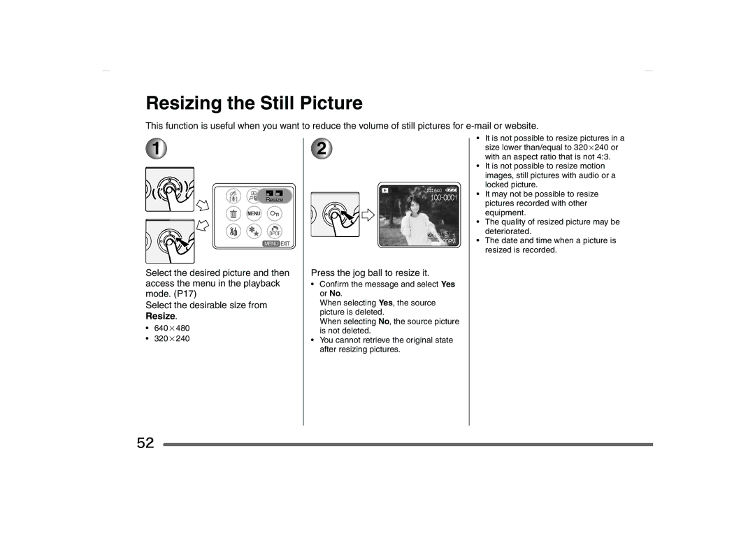 Panasonic SV-AS10 operating instructions Resizing the Still Picture, Press the jog ball to resize it 