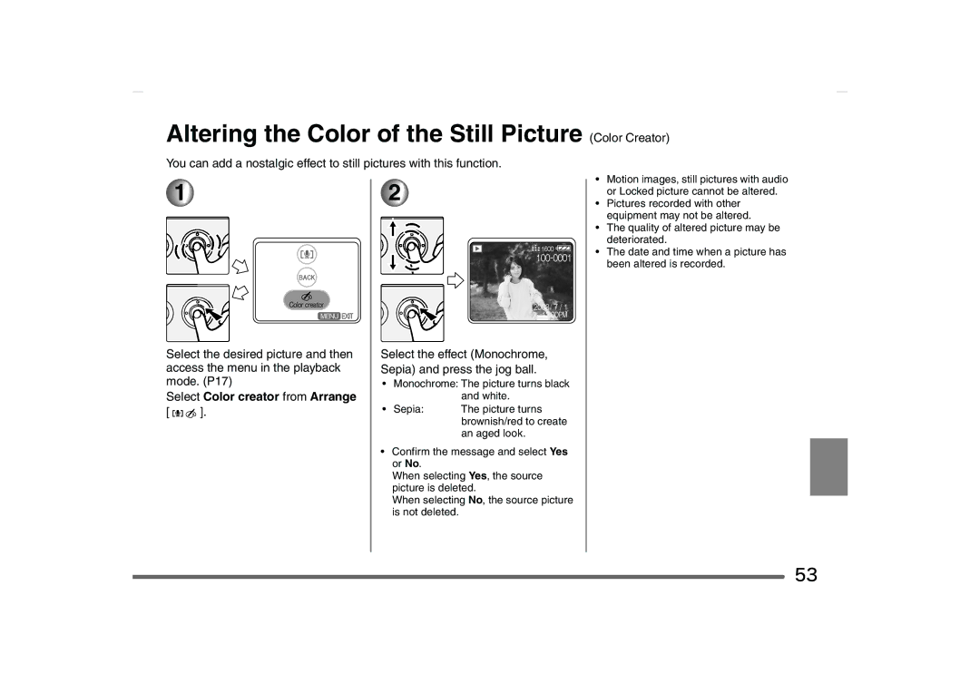 Panasonic SV-AS10 Altering the Color of the Still Picture Color Creator, Select Color creator from Arrange 