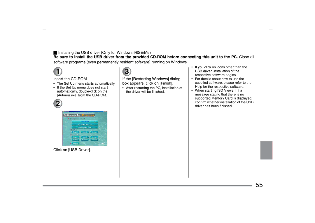 Panasonic SV-AS10 operating instructions Installing the USB driver Only for Windows 98SE/Me, Click on USB Driver 