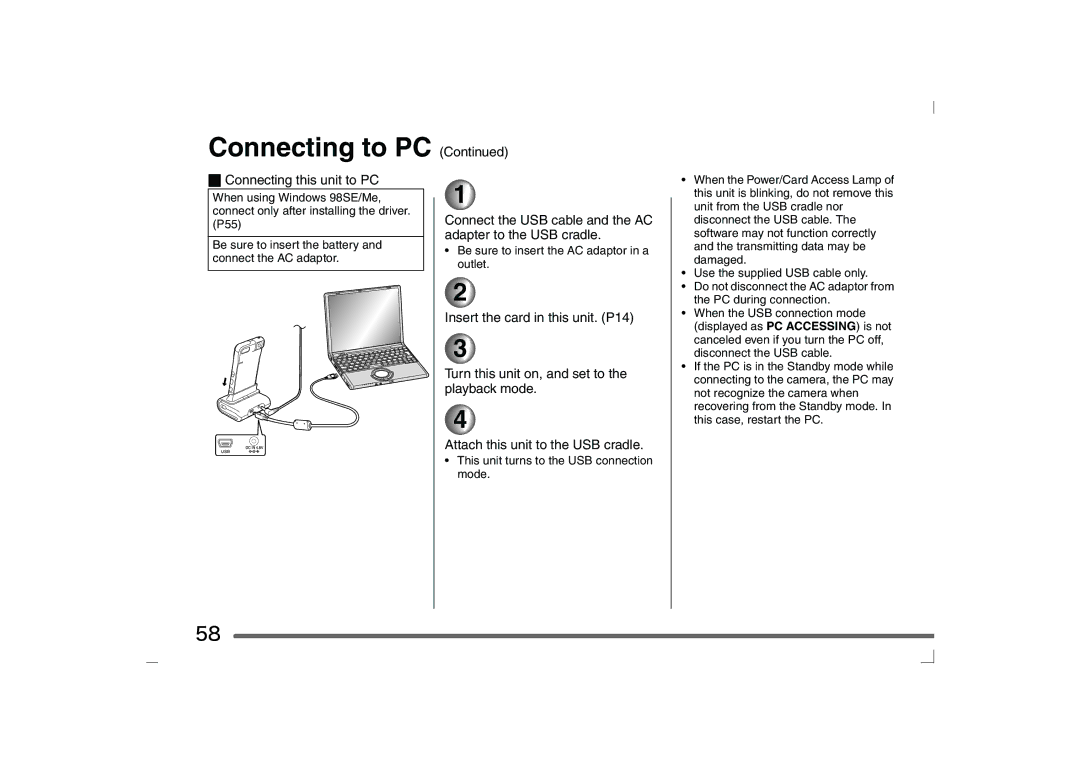 Panasonic SV-AS10 Connecting this unit to PC, Connect the USB cable and the AC adapter to the USB cradle 