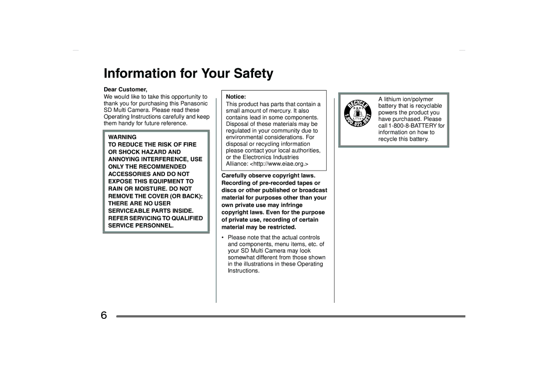 Panasonic SV-AS10 operating instructions Information for Your Safety, Dear Customer 