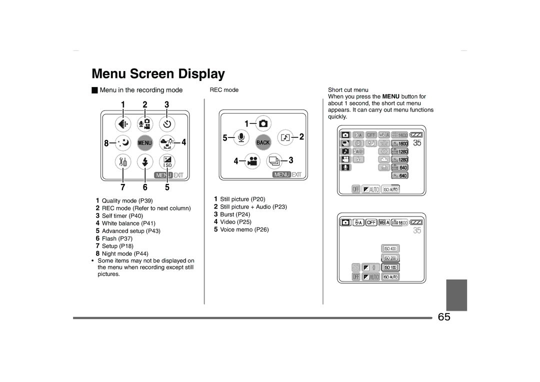 Panasonic SV-AS10 operating instructions Menu Screen Display, Menu in the recording mode 