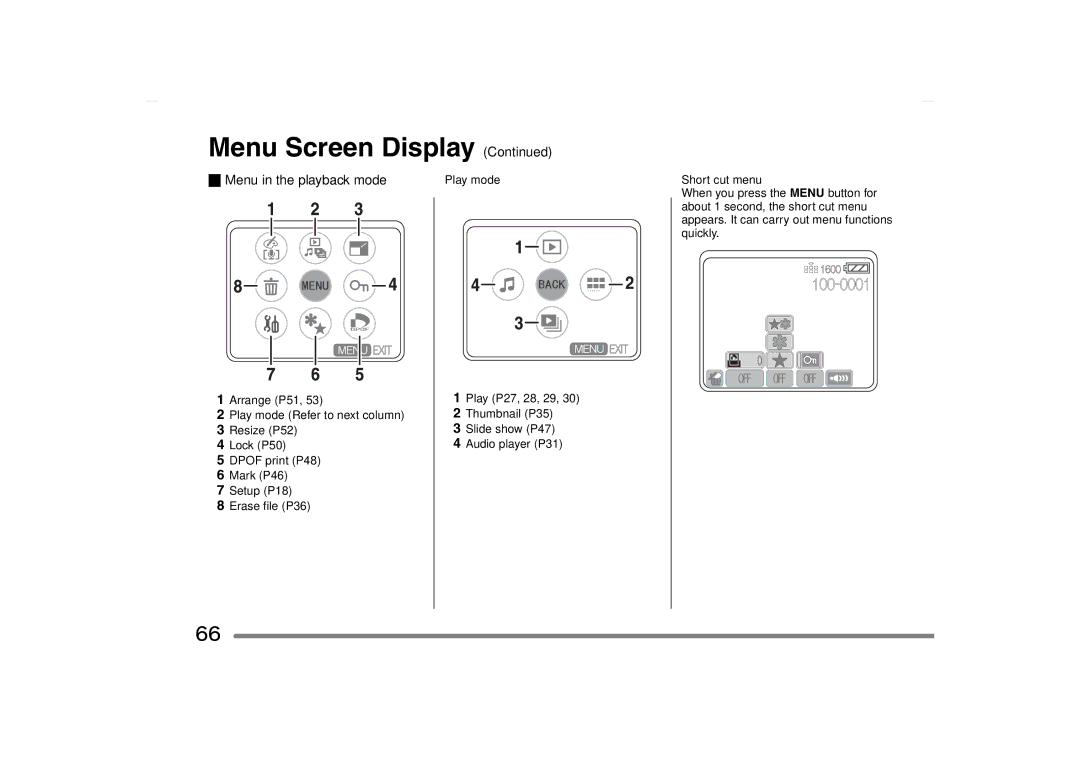 Panasonic SV-AS10 operating instructions Menu in the playback mode 