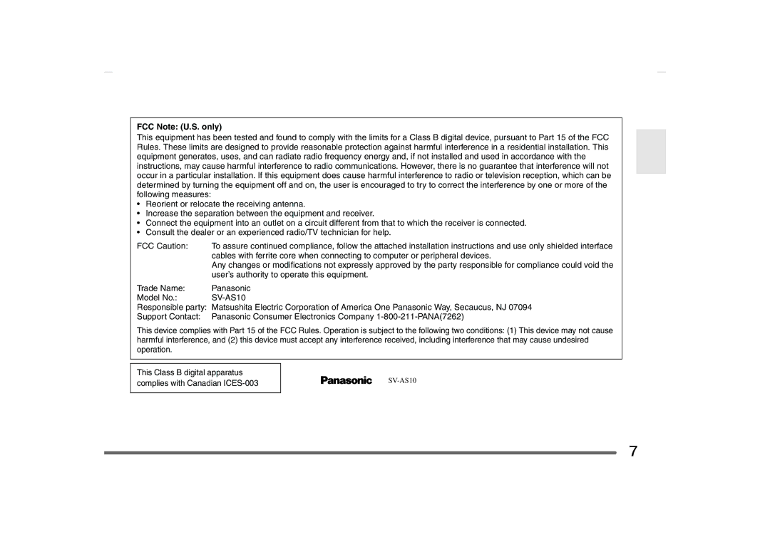 Panasonic SV-AS10 operating instructions FCC Note U.S. only 