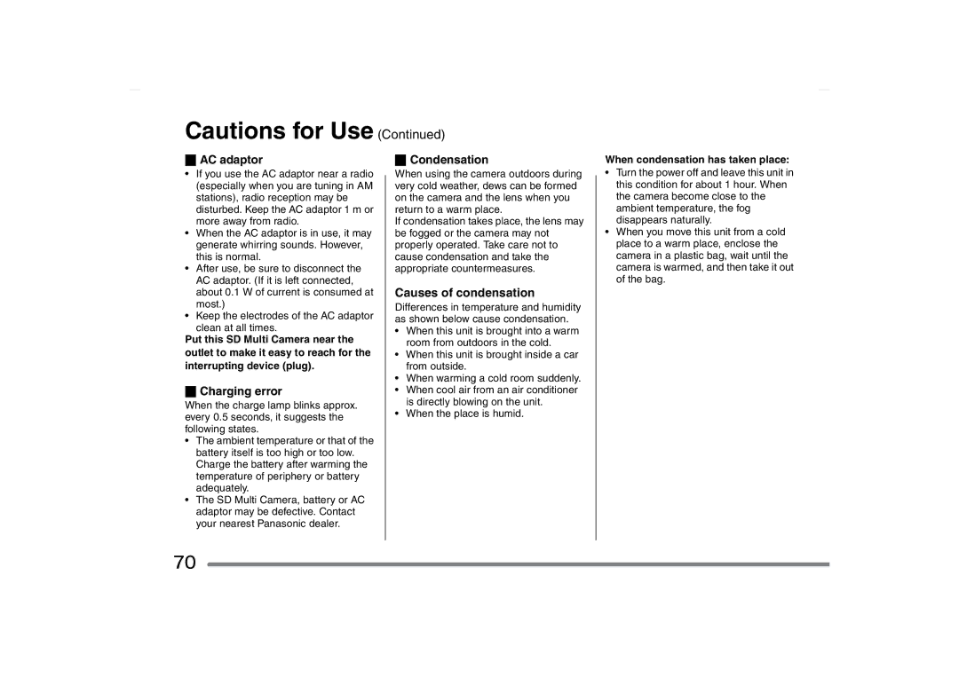 Panasonic SV-AS10 AC adaptor Condensation, Charging error, Causes of condensation, When condensation has taken place 