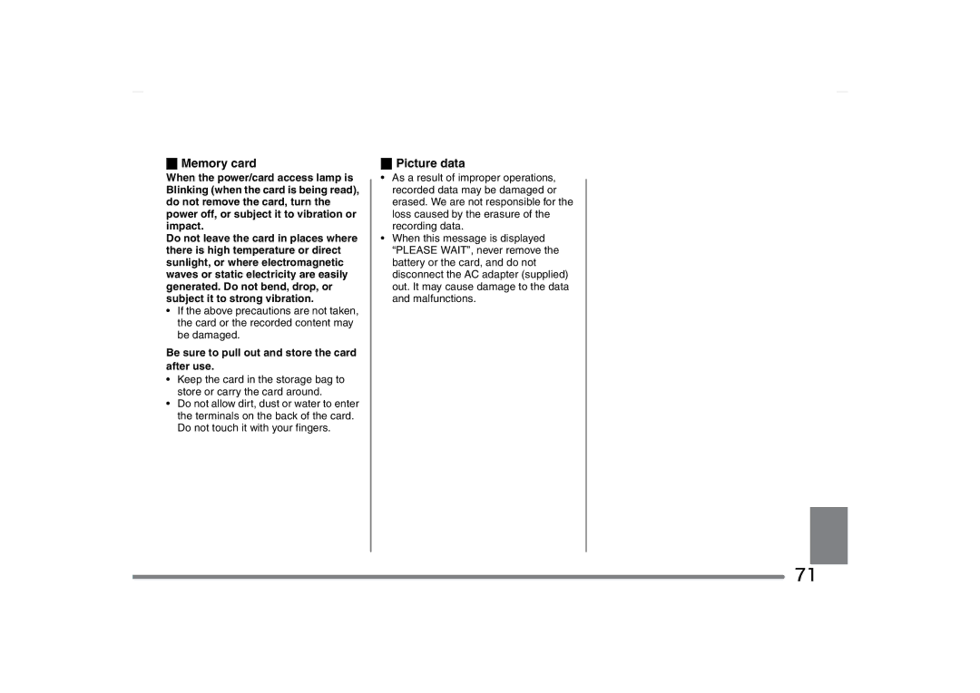 Panasonic SV-AS10 operating instructions Memory card, Picture data, Be sure to pull out and store the card after use 