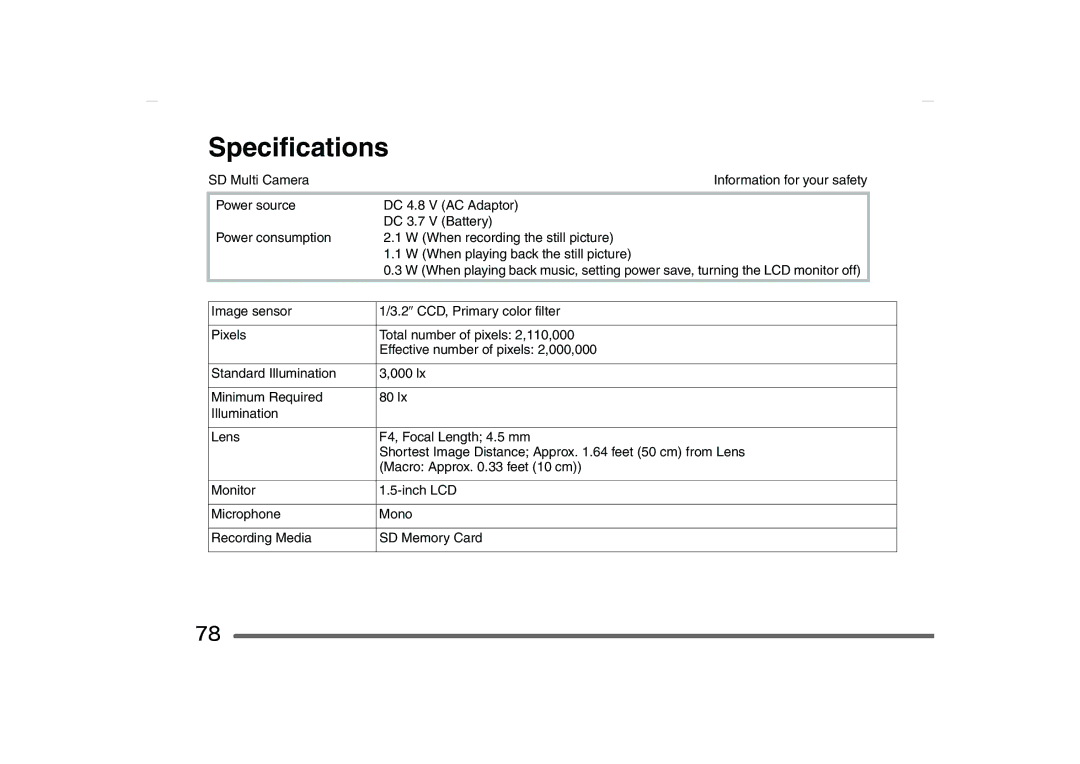 Panasonic SV-AS10 operating instructions Specifications 