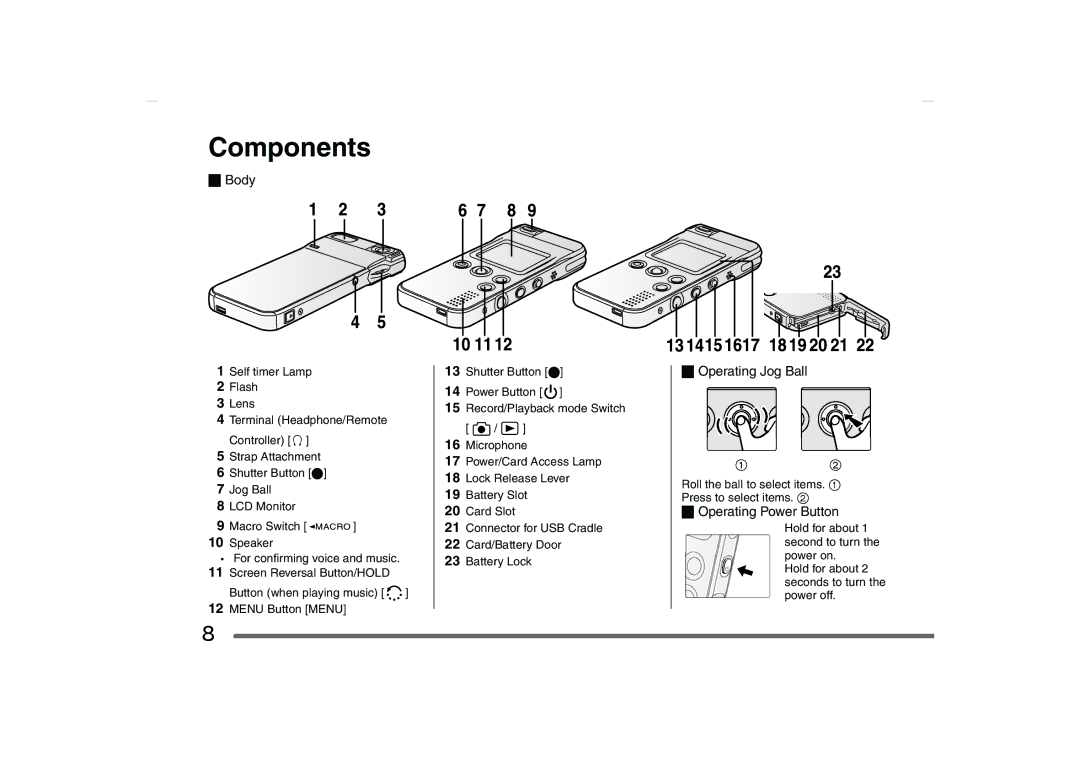 Panasonic SV-AS10 operating instructions Components, Body, Operating Jog Ball, Operating Power Button 