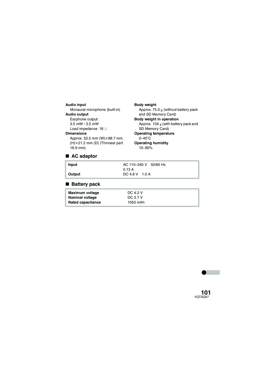 Panasonic SV-AS3 operating instructions AC adaptor, Battery pack 