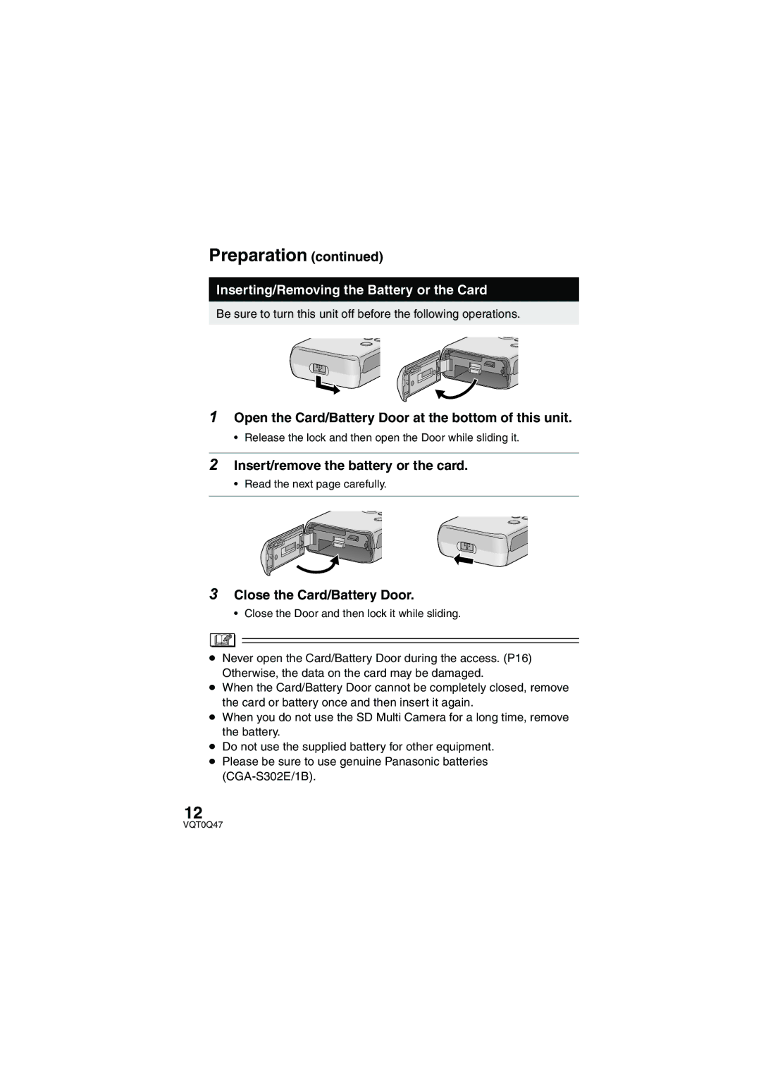 Panasonic SV-AS3 Inserting/Removing the Battery or the Card, Open the Card/Battery Door at the bottom of this unit 