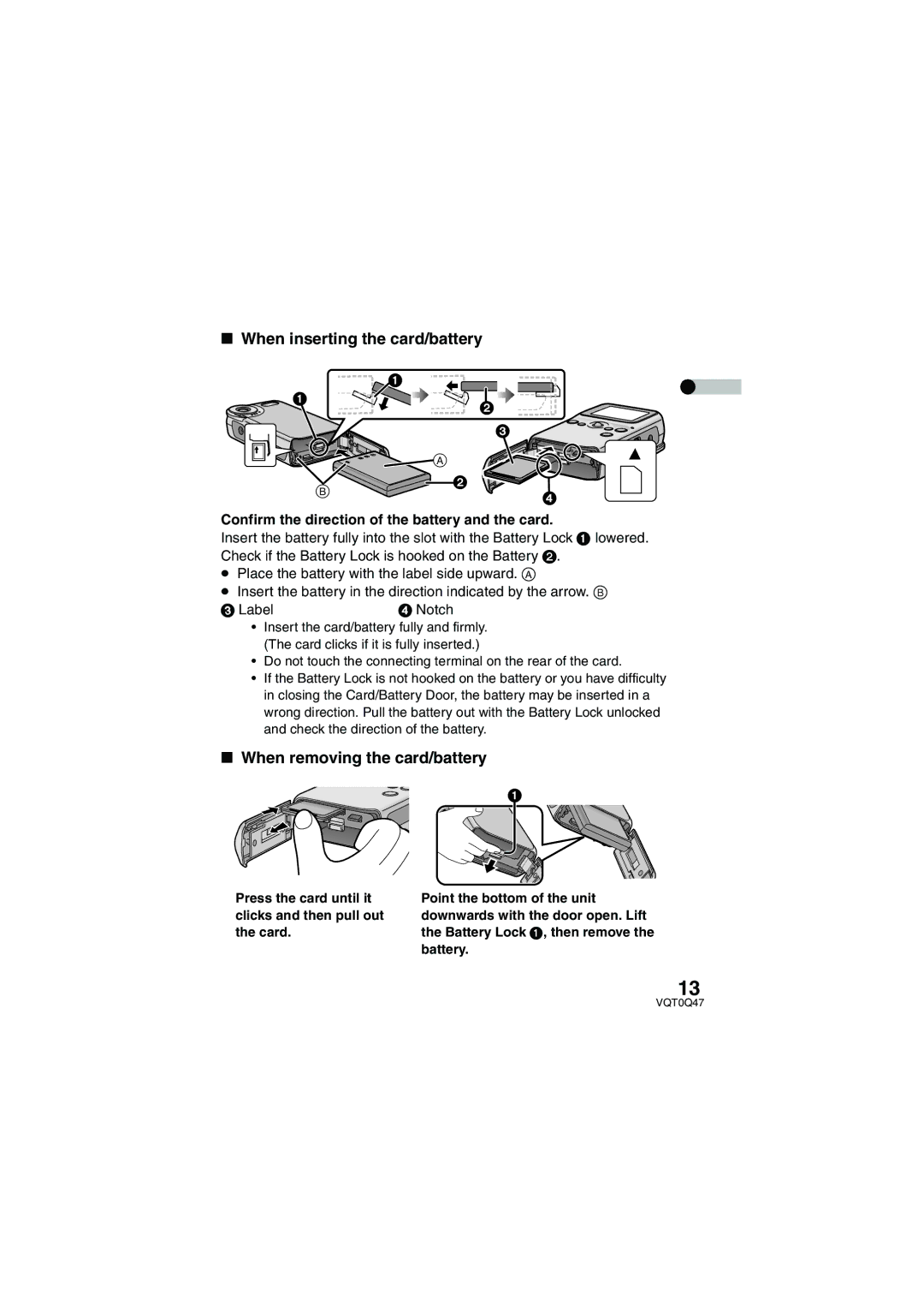 Panasonic SV-AS3 operating instructions When inserting the card/battery, When removing the card/battery, Label Notch 