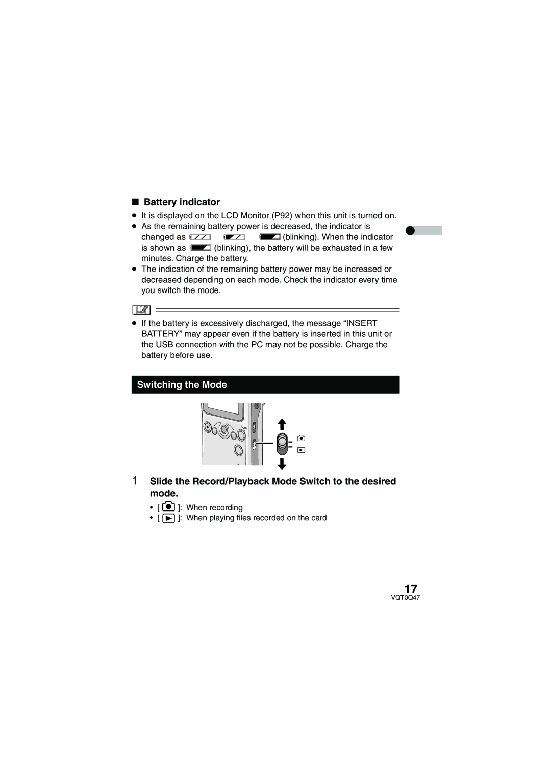 Panasonic SV-AS3 Battery indicator, Switching the Mode, Slide the Record/Playback Mode Switch to the desired mode 