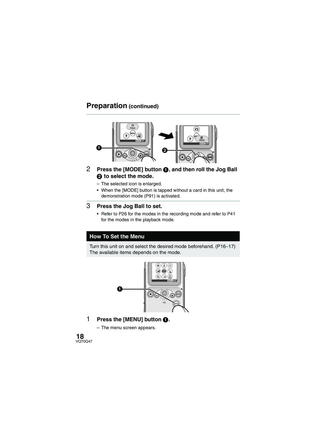 Panasonic SV-AS3 operating instructions Press the Jog Ball to set, How To Set the Menu, Press the Menu button 