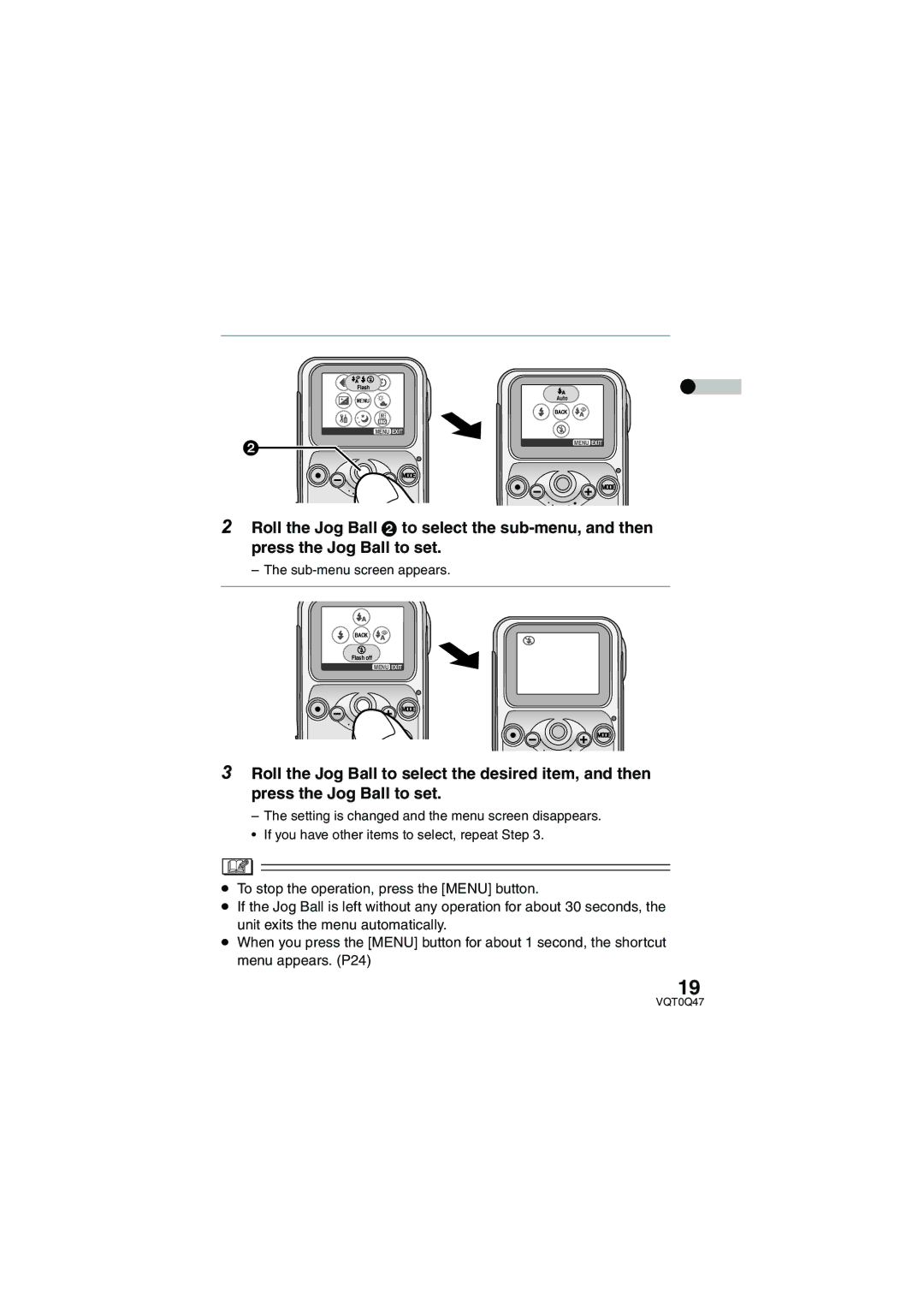 Panasonic SV-AS3 operating instructions Sub-menu screen appears 