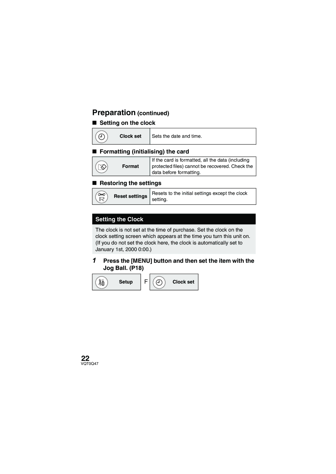 Panasonic SV-AS3 Setting on the clock, Formatting initialising the card, Restoring the settings, Setting the Clock 