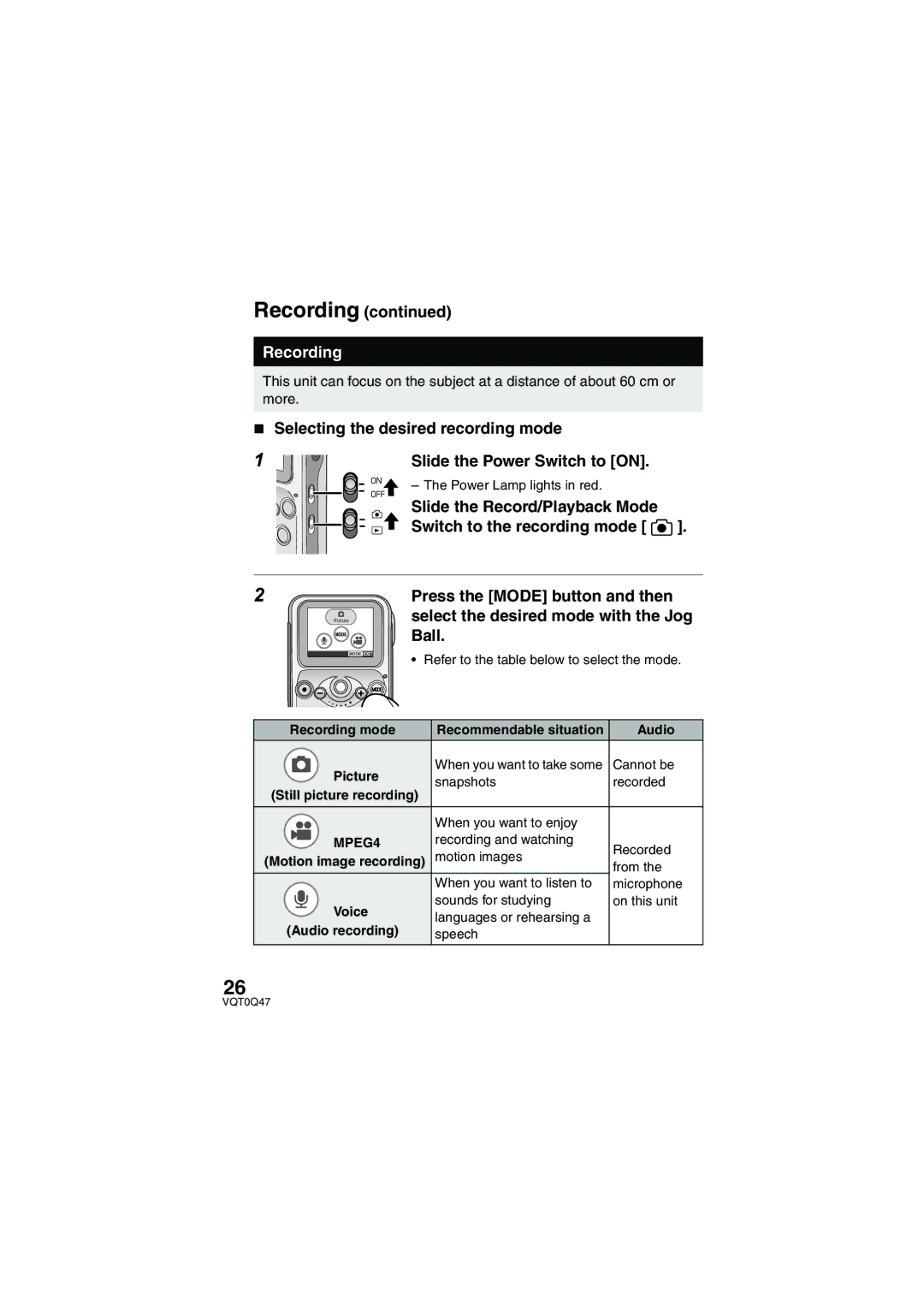 Panasonic SV-AS3 Recording, Slide the Record/Playback Mode Switch to the recording mode, Voice, Audio recording 