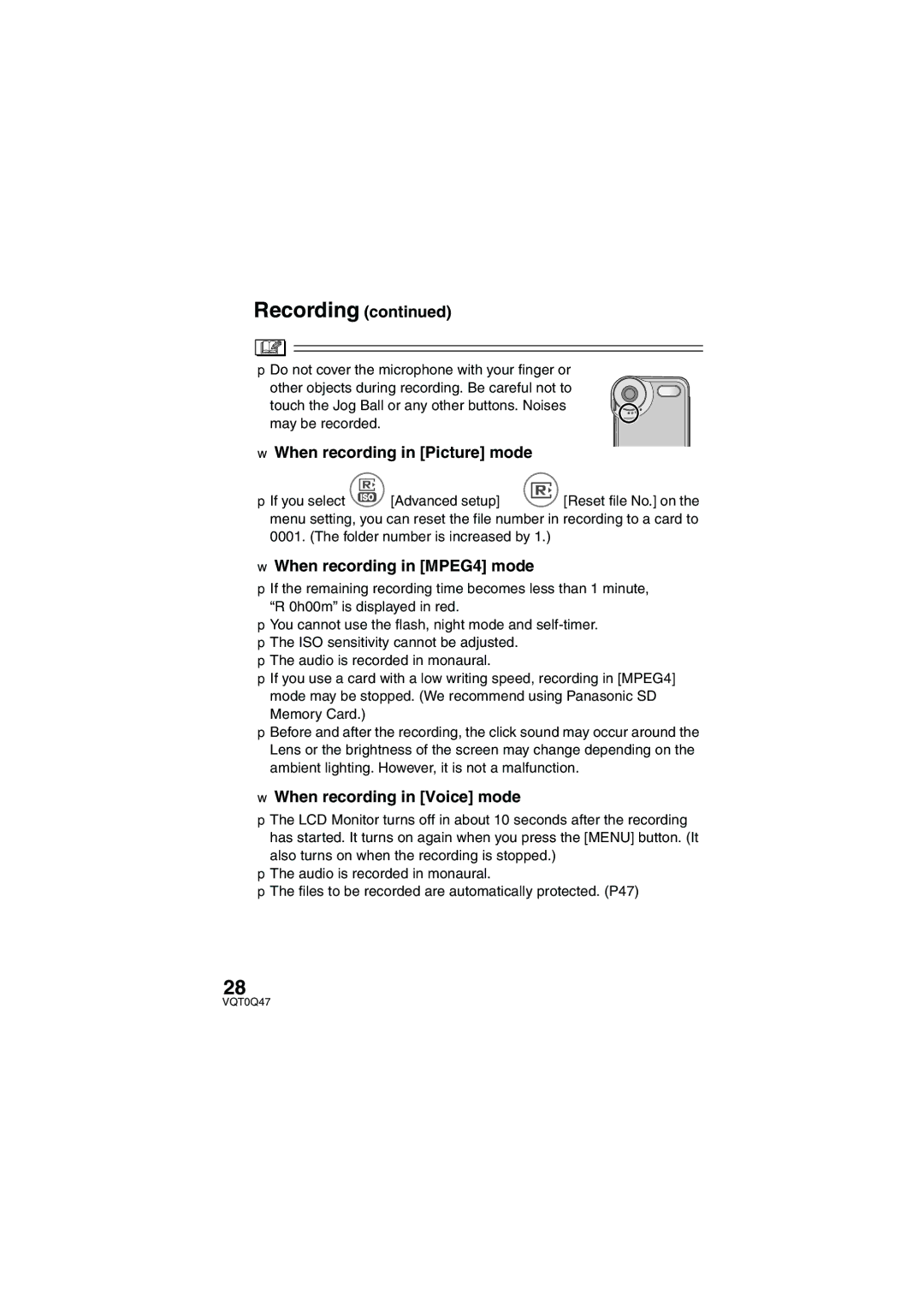 Panasonic SV-AS3 When recording in Picture mode, When recording in MPEG4 mode, When recording in Voice mode 