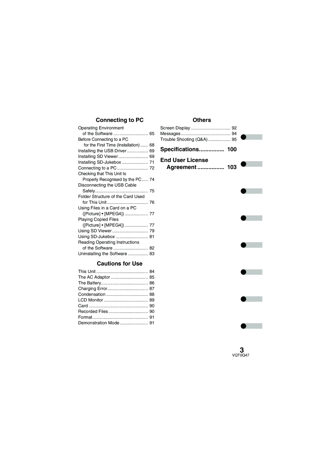 Panasonic SV-AS3 operating instructions Connecting to PC Others, Specifications, End User License Agreement, 100, 103 