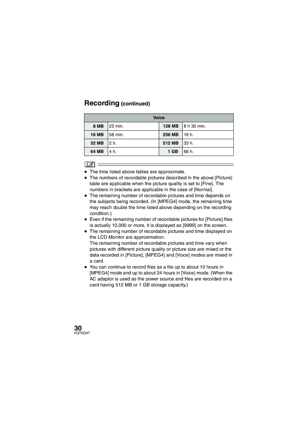 Panasonic SV-AS3 operating instructions ≥ The time listed above tables are approximate 