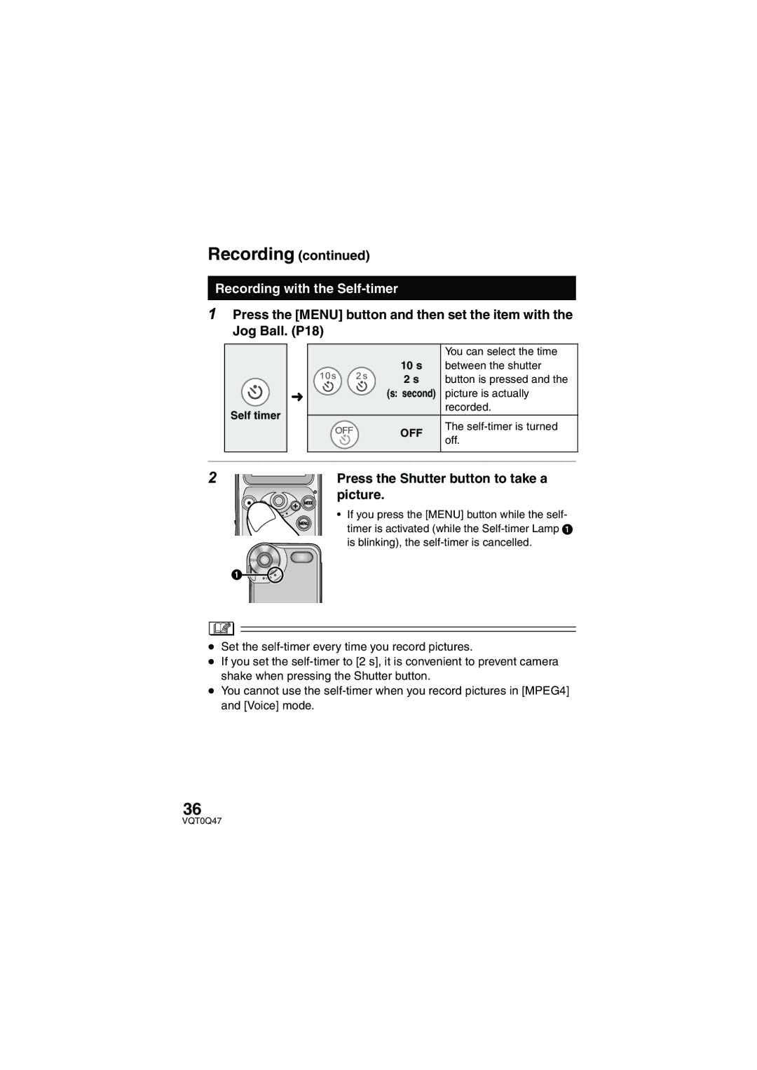 Panasonic SV-AS3 Recording with the Self-timer, Press the Shutter button to take a, Picture, Self timer 