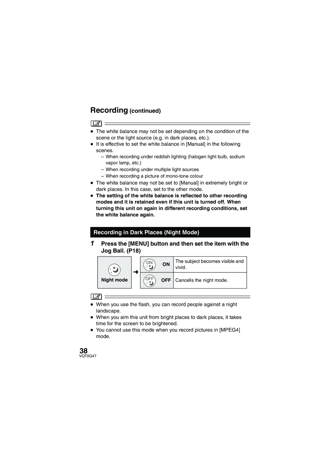 Panasonic SV-AS3 operating instructions Recording in Dark Places Night Mode, Night mode 