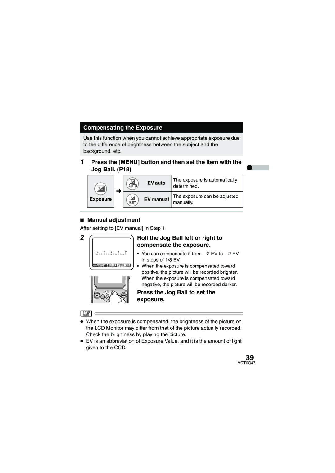 Panasonic SV-AS3 Compensating the Exposure, Manual adjustment, Roll the Jog Ball left or right to compensate the exposure 