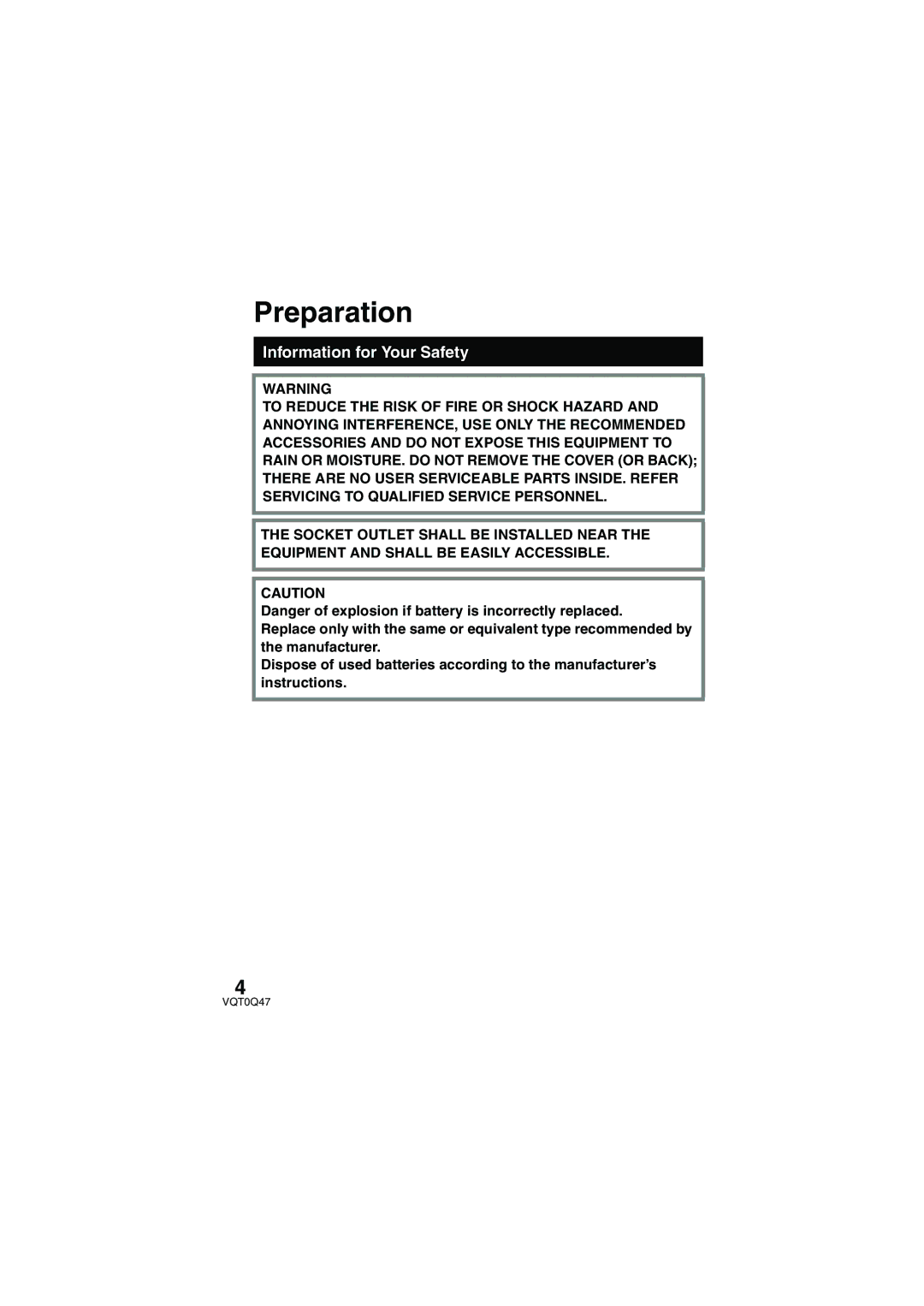 Panasonic SV-AS3 operating instructions Preparation, Information for Your Safety 