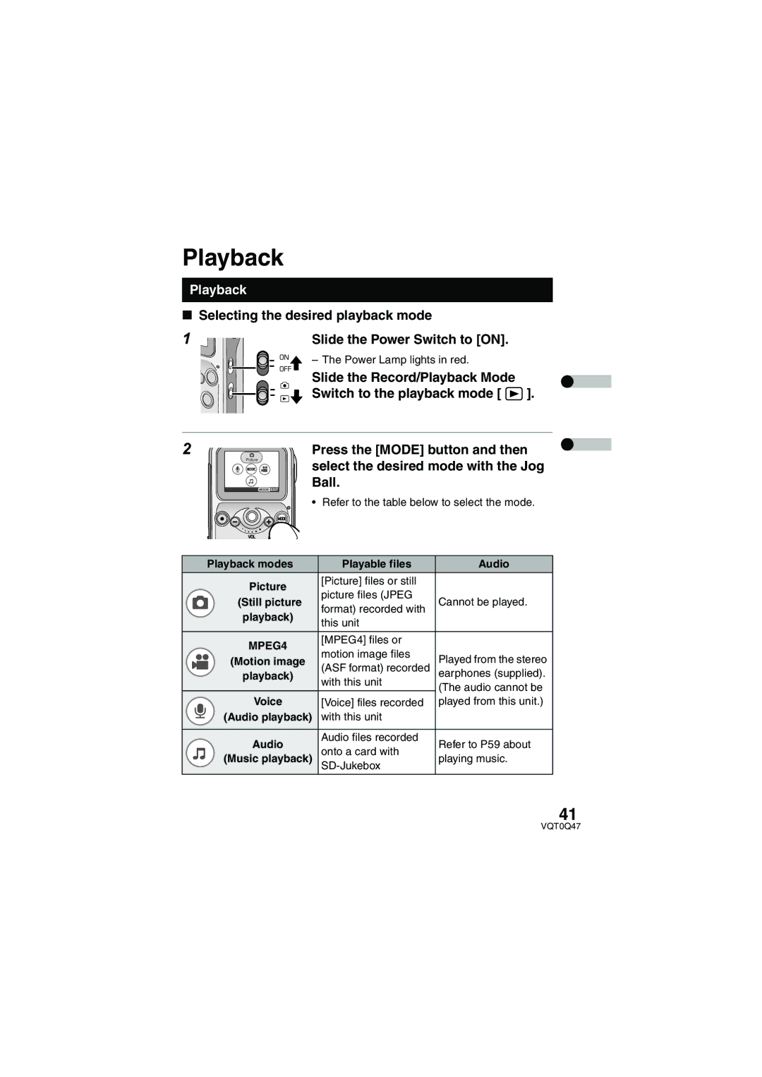 Panasonic SV-AS3 Slide the Record/Playback Mode Switch to the playback mode, Playback modes Playable files Audio 