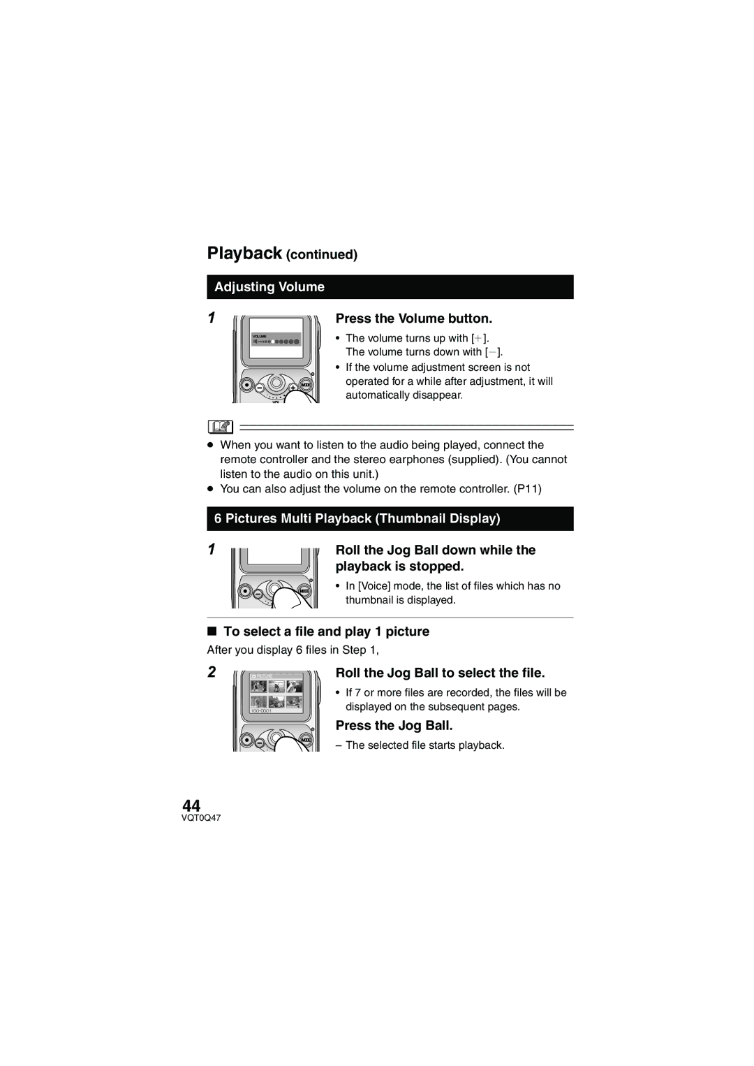 Panasonic SV-AS3 operating instructions Adjusting Volume, Pictures Multi Playback Thumbnail Display 